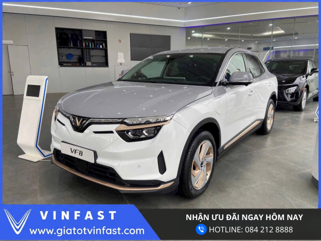 Ngoại thất VinFast VF8 SUV điện thiết kế hiện đại khí động học, thân xe mạnh mẽ, đèn LED và camera 360 độ