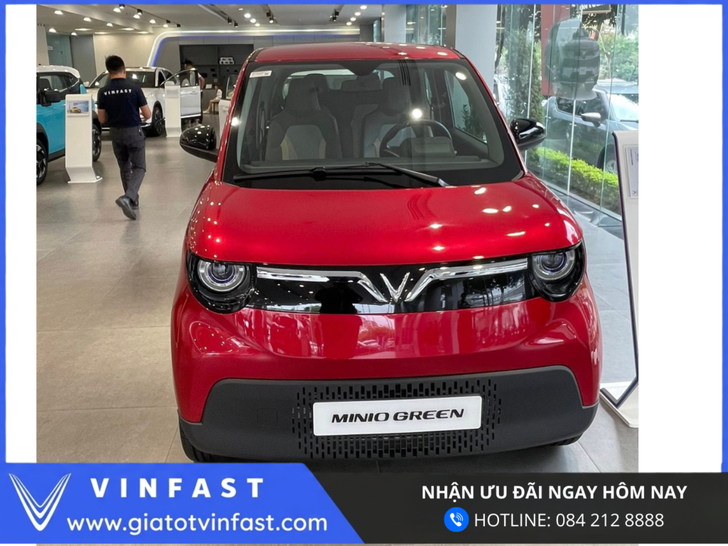 Đầu xe VinFast Minio Green xe điện mini đô thị thiết kế bo tròn hiện đại, logo VinFast nổi bật và cụm đèn trước LED